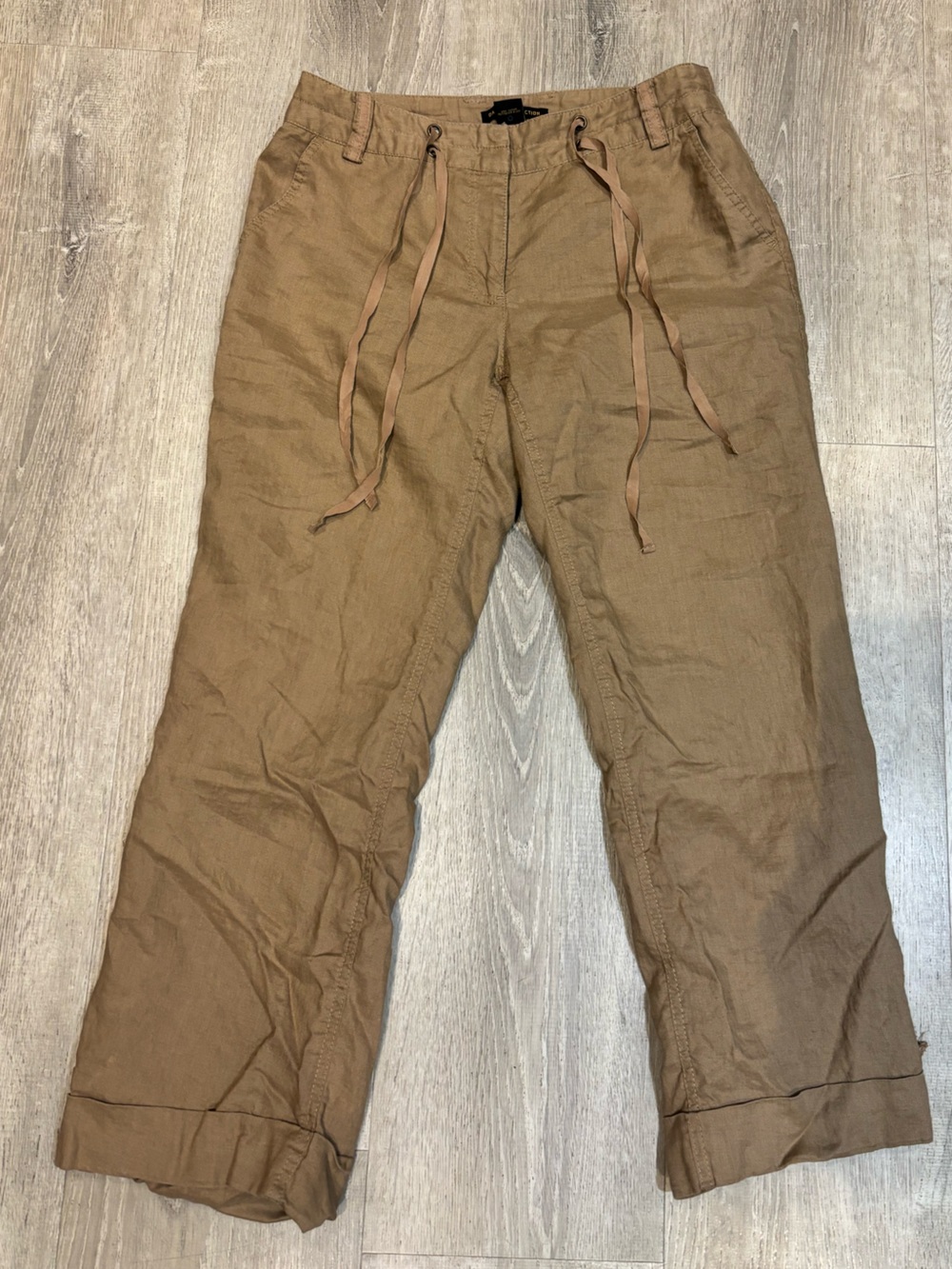 Dalia Collection Linen Cropped Drawstring Pants in Light Brown